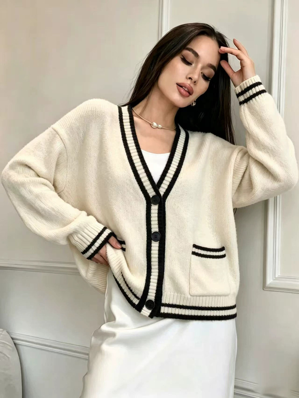 Zara Oversized Contrast Pocket Knitted Cardigan Lazy College Style Fall Winter